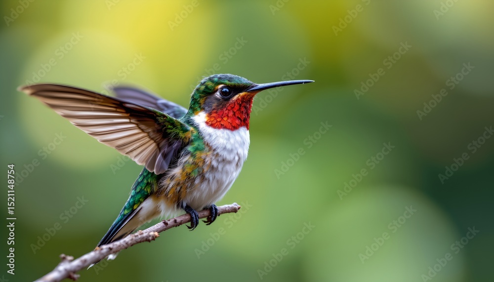 Fototapeta premium Vibrant Rufous Hummingbird Perched on Branch Wings Spread Nature Photography