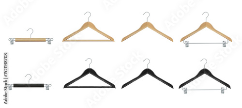 Clothes hanger isolated on white background. Wooden hanger Realistic vector clothes hanger wooden hanger closeup isolated on background. Design template, clipart or layout for graphics. Vector