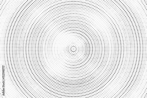 Radial halftone gradient background. Dotted concentric texture with fading effect. Black and white circle shade wallpaper. Grunge rough vector. Monochrome backdrop