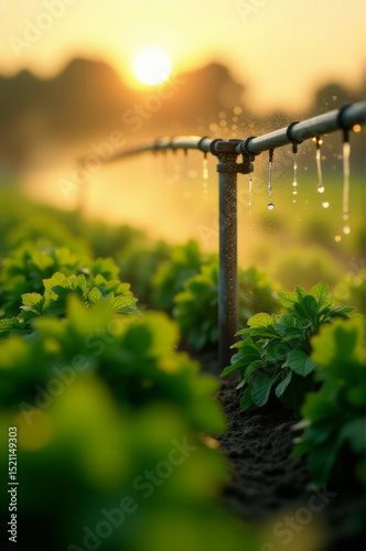 A green field of lettuce with a sprinkler irrigation system in the background, perfect for agricultural or farming related uses