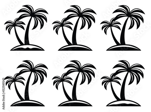 Tropical Palm Tree Silhouettes and Island Vector Illustrations in Black and White