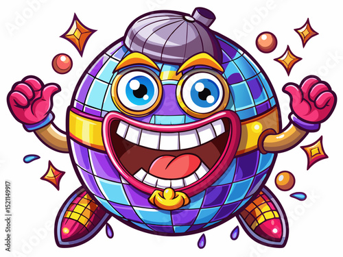 Vector cartoon illustration of a groovy Valentine disco ball character sparkling at a retro dance party perfect for romantic designs, party merch, and funky decor