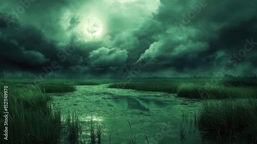 Dark Swamp. Scenic Landscape with Atmospheric Green Water, Digital Art Background