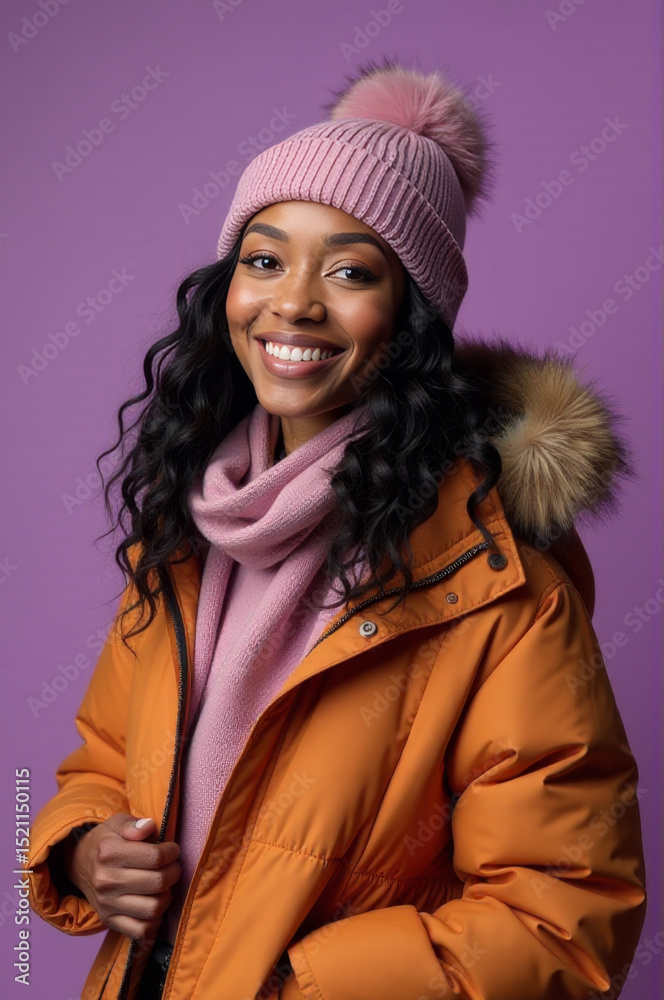 A woman wearing a bright pink hat and vibrant orange jacket, standing against a simple background A woman wearing a bright pink hat and vibrant orange jacket, standing against a simple background