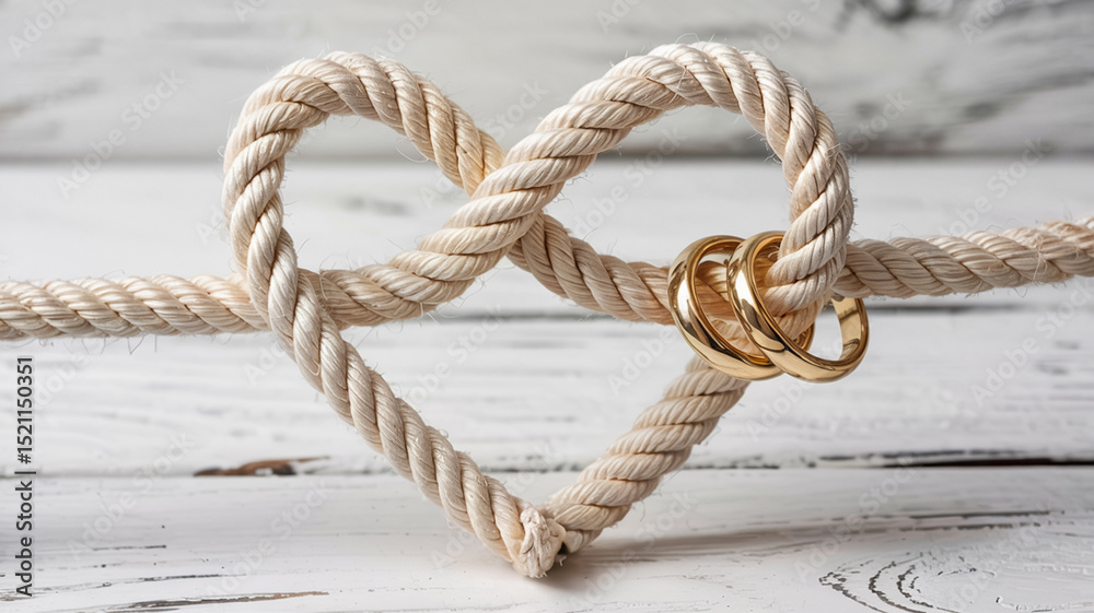 Fototapeta premium A strong, old, twisted brown jute rope with a nautical knot is isolated on a white wooden board