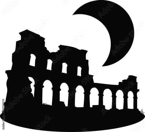 Ancient Ruins Silhouette with Full Moon – Mysterious Night Scene EPS Art