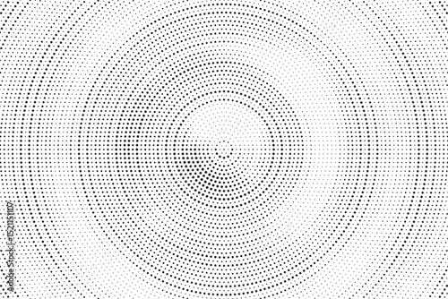Radial halftone gradient background. Dotted concentric texture with fading effect. Black and white circle shade wallpaper. Grunge rough vector. Monochrome backdrop
