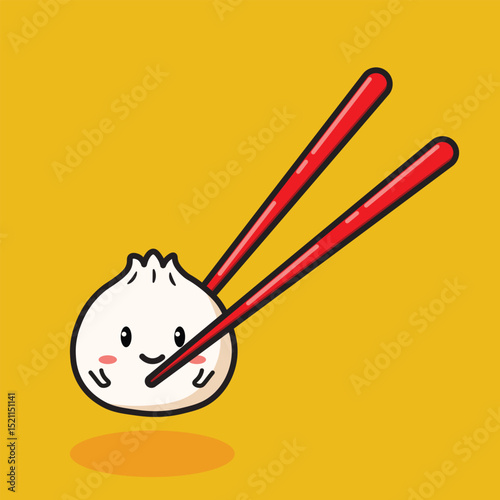 Cute dimsum vector illustration with chopsticks isolated on orange background