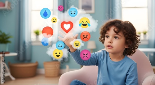 Child Interacting with Digital Emojis, Exploring Emotions