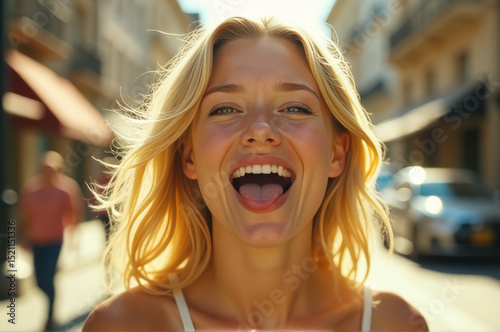 A woman with her mouth open standing on a city street