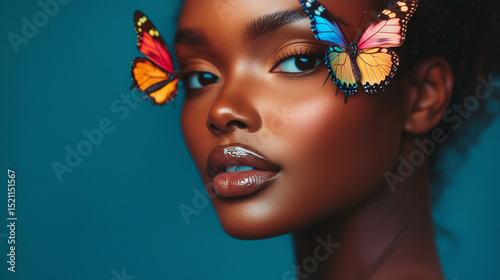 Portrait of a woman with butterflies on her face on a vibrant background