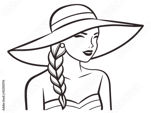 Elegant Woman with Braided Hair and Wide Brim Hat Line Art