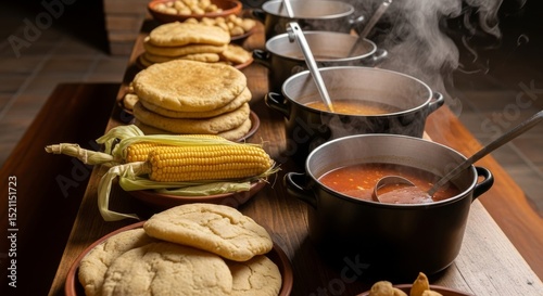 A spread of food featuring pots of soup, corn on the cob, and stacks of flatbread on a wooden table