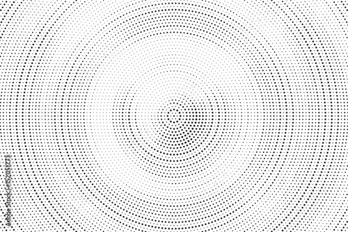 Radial halftone dots. Spotted and dotted stains gradient background. Concentric comic texture with fading effect. Black and white rough gritty wallpaper. Grunge monochrome geometric backdrop. Vector 