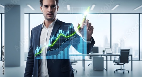 Confident Businessman Interacting with Holographic Growth Chart in Modern Office