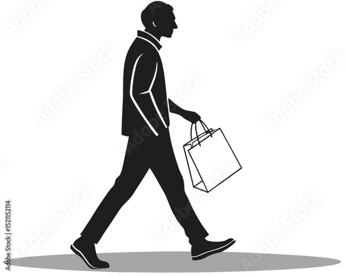 Silhouette of a man walking with a shopping bag in his hand