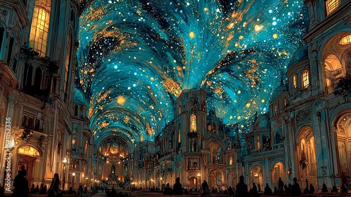 Glowing Dome Night Cityscape with Starry Lights