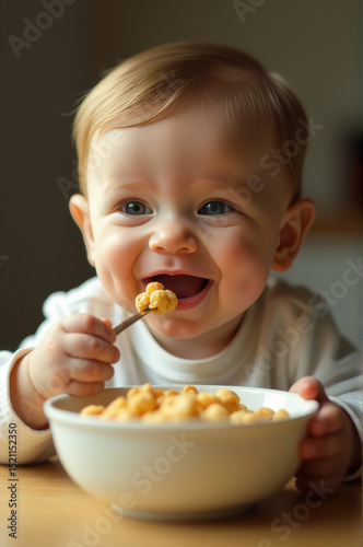 A young child enjoying breakfast from a bowl