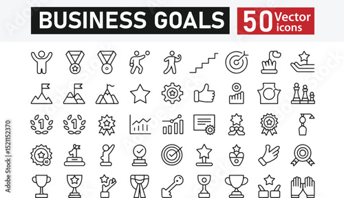 Collection of 50 Line Icons Representing Business Goals, Achievements, Awards, and Success Metrics – Editable Stroke Vector Illustration
