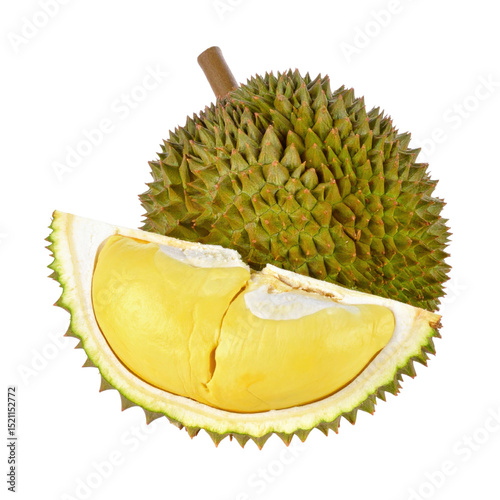 Durian fruit with spiky shell and creamy flesh