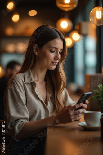 A woman sits at a table, focused on her cell phone