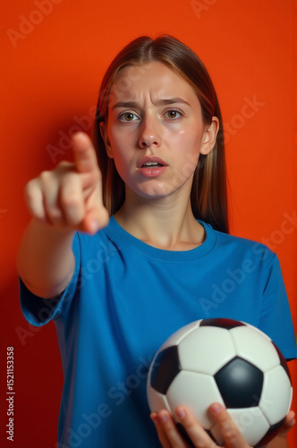 A woman holds a soccer ball in front of a bright red wall, ready for action