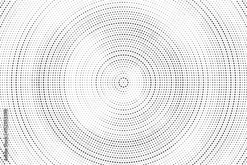 Radial halftone dots. Spotted and dotted stains gradient background. Concentric comic texture with fading effect. Black and white rough gritty wallpaper. Grunge monochrome geometric backdrop. Vector 