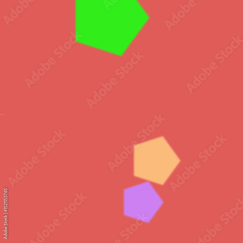 A vibrant abstract composition featuring multicolored irregular hexagons scattered across a coral background.