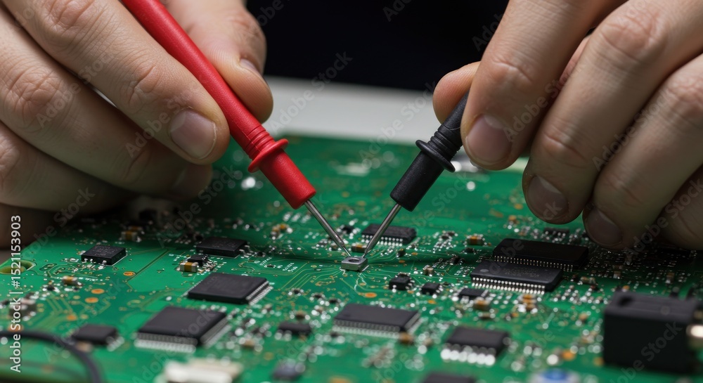 Fototapeta premium Technician measuring electronic components on a circuit board using multimeter probes in a workshop