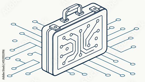 Isometric suitcase with circuit board design and connecting lines emanating outwards on a white background
