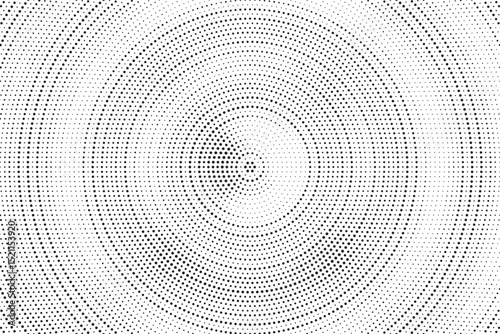 Radial halftone dots. Spotted and dotted stains gradient background. Concentric comic texture with fading effect. Black and white rough gritty wallpaper. Grunge monochrome geometric backdrop. Vector 