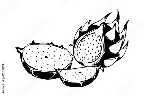This detailed, hand-drawn-style illustration showcases a whole and a sliced dragon fruit vector art design