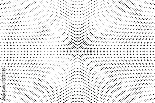 Radial halftone dots. Spotted and dotted stains gradient background. Concentric comic texture with fading effect. Black and white rough gritty wallpaper. Grunge monochrome geometric backdrop. Vector 