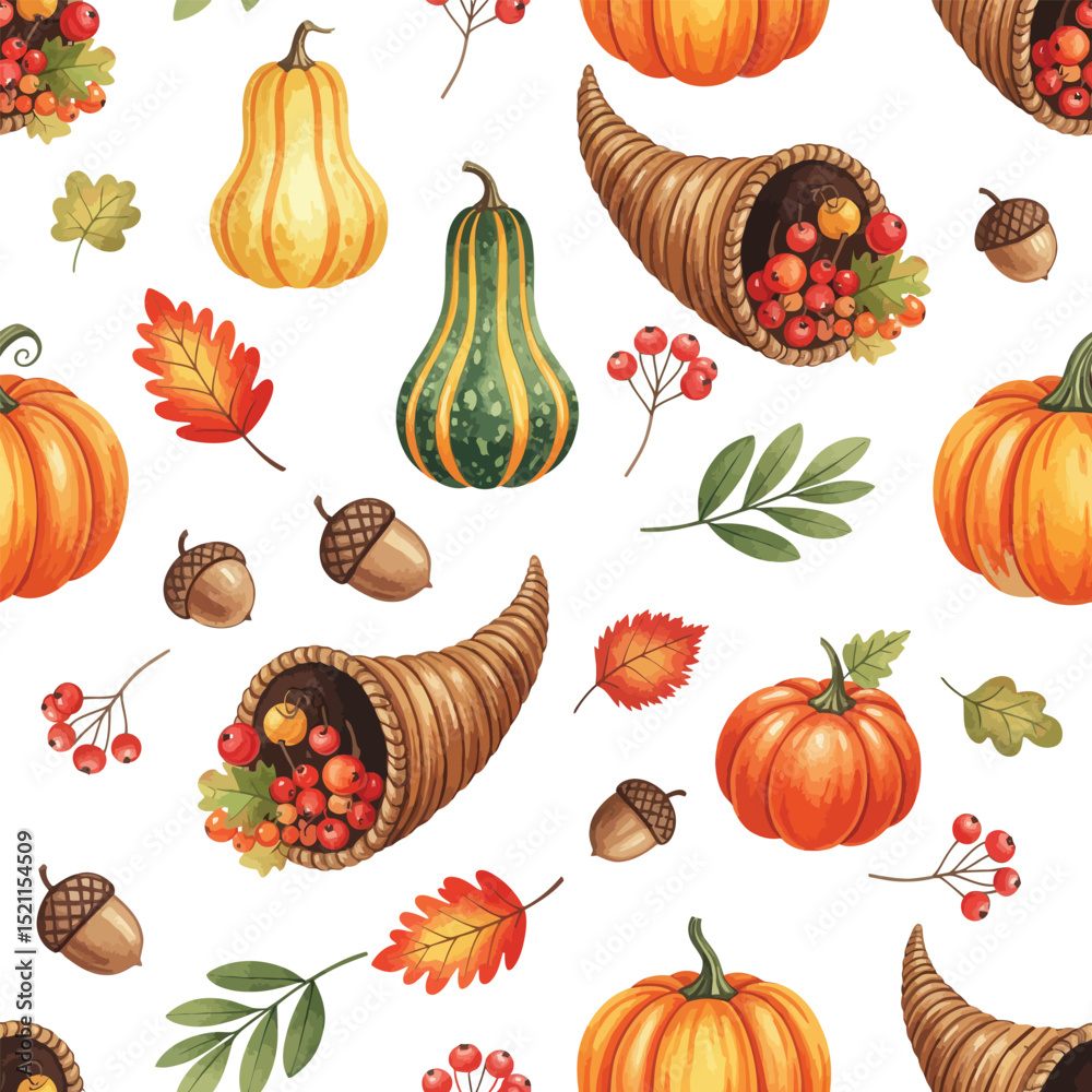 Autumn Harvest Seamless Pattern with Pumpkins, Gourds, Acorns, and Berries