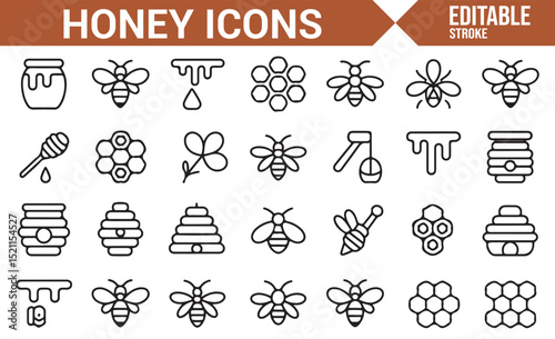 Simple Icons Representing Honey, Bees, and Honeycomb in Agriculture