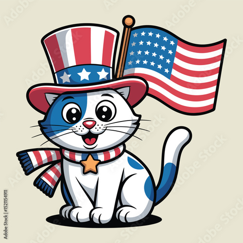 Patriotic cat in uncle sam hat with american flag
