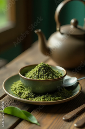 A bowl of green tea sits next to a tea kettle, ready for brewing
