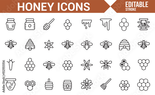Set of Honey Icons Representing Beekeeping, Honeycomb, and Bee Products