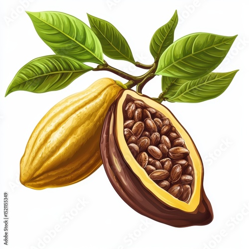 A vibrant illustration of a whole and halved cocoa pod, showcasing its rich brown seeds and bright yellow exterior, attached to a branch with lush green leaves