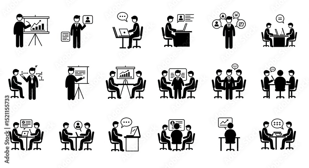 Set of black and white office communication pictogram illustrations
