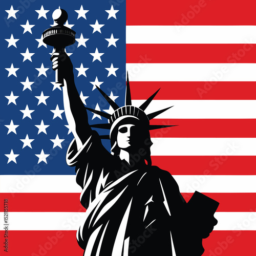 Liberty Silhouette With American Flag Background.