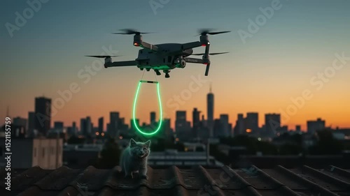 Cat on rooftop with drone hovering above, glowing green ring, city skyline at sunset