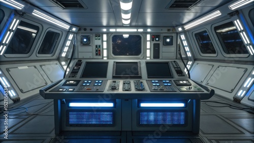Fototapeta Naklejka Na Ścianę i Meble -  Futuristic spaceship control room with advanced panels, blue lighting, and high-tech displays in a sci-fi environment.