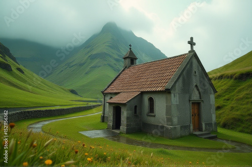 A small church surrounded by a lush green grass field, a peaceful scene