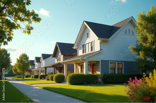 A typical suburban neighborhood with multiple houses in a row