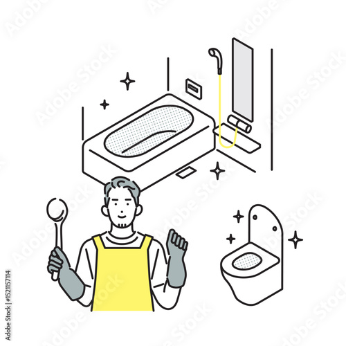 シンプル　イラスト　お風呂とトイレを掃除する男性 人物