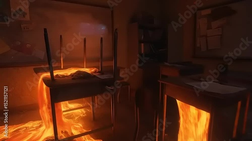Classroom engulfed in flames with overturned desks and papers scattered, creating chaos