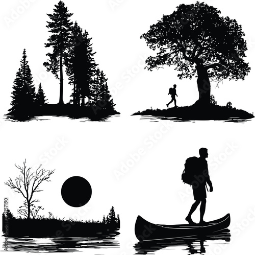 Set of Outdoor and Wilderness Silhouettes: Pine and Deciduous Trees, a Hiker, and a Person Standing in a Canoe on Water with the Moon