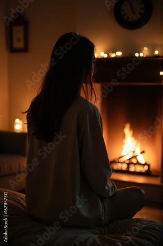 A person sits on a bed facing a fireplace, providing warmth and comfort