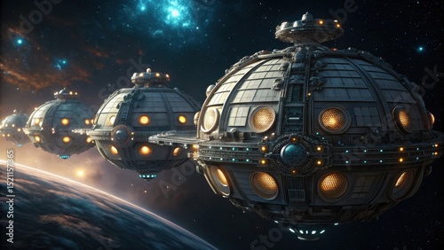 Futuristic spherical spaceships travel in formation above a planet with stars and galaxies in the cosmic background.